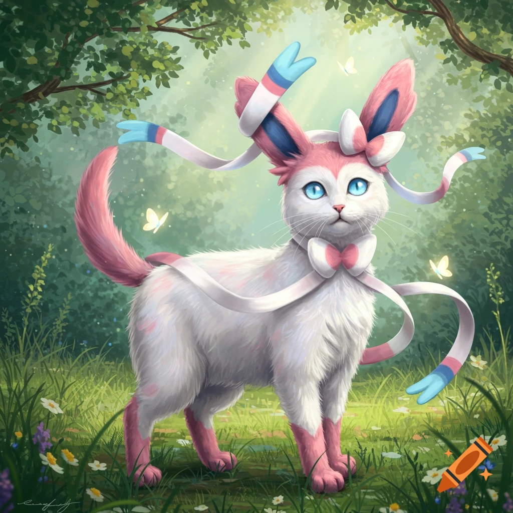 A cute, fluffy cat resembling a pink and white Sylveon, with blue eyes and ribbons, stands in a sunlit fantasy forest.