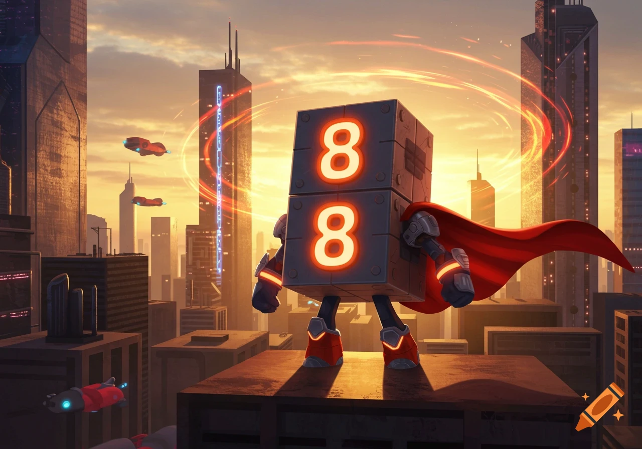 A superhero character made of two glowing number 8 blocks, wearing a red cape, standing on a rooftop in a futuristic city at sunset.