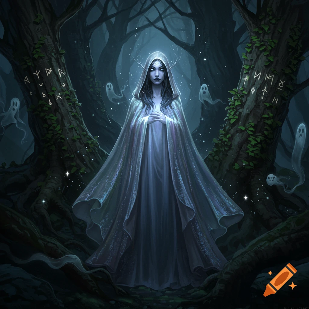 A mysterious elf-like figure in a shimmering cloak stands in a dark, enchanted forest with glowing eyes and floating ghosts.