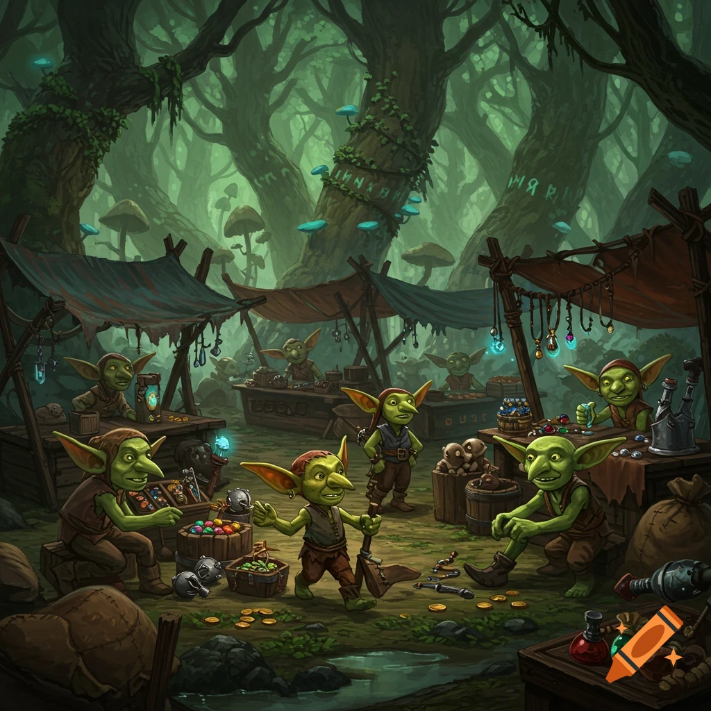 Goblins sell colorful goods in a bustling fantasy forest market, surrounded by towering trees and glowing mushrooms.