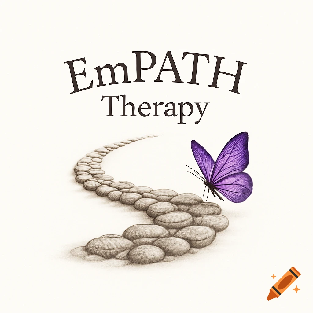 Logo with 'EmPATH Therapy' text above a curving stone path and a vibrant purple butterfly.