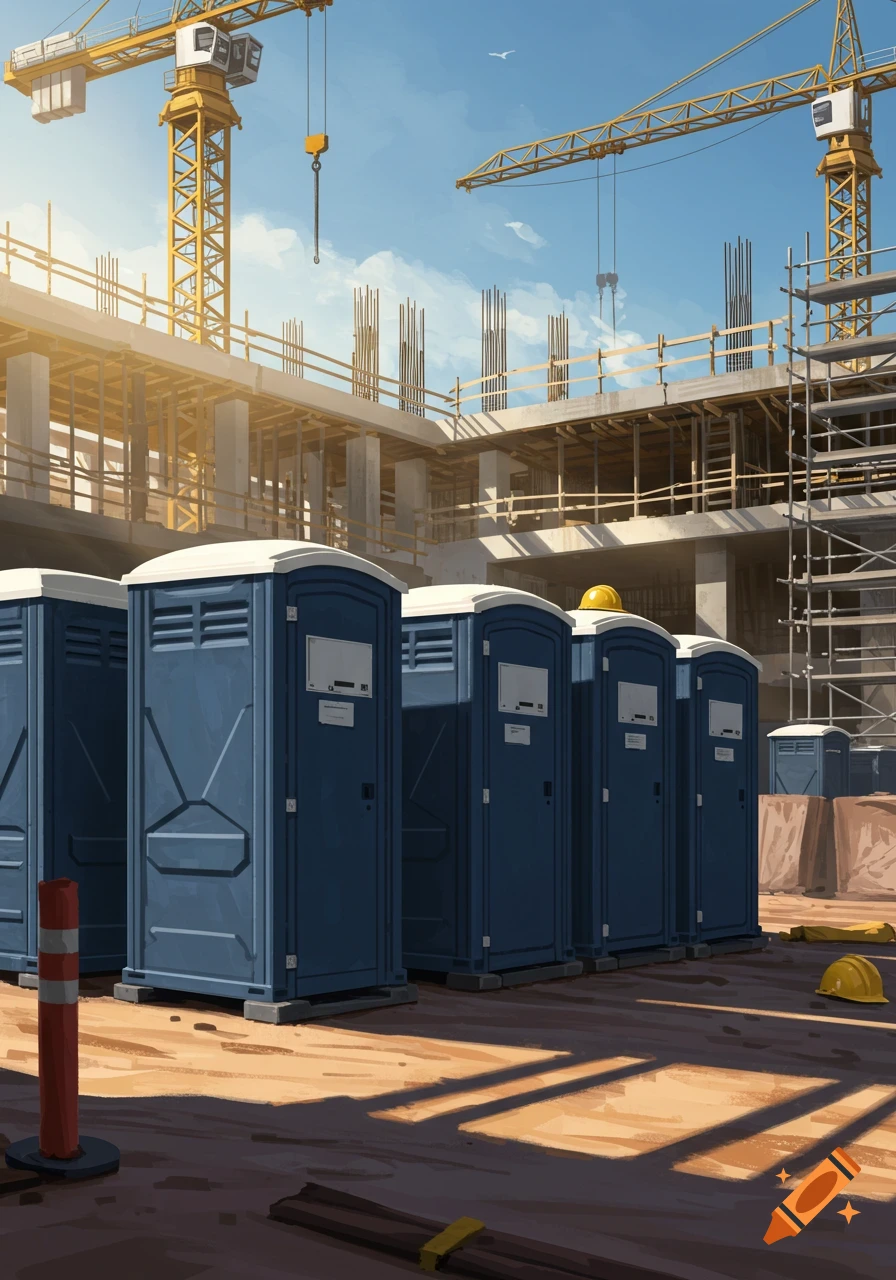 A construction site with multiple blue portable toilets in the foreground, under a clear sky with cranes.