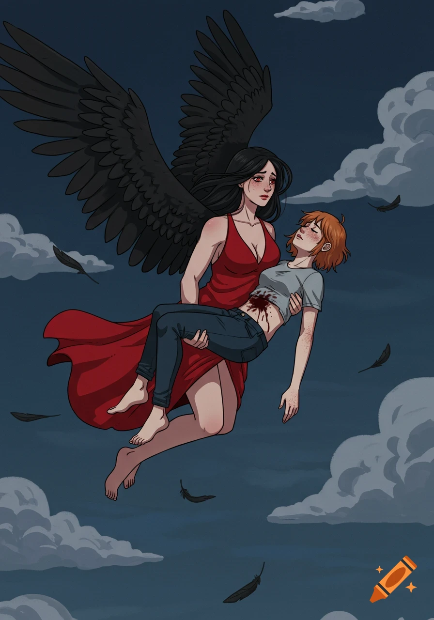 A black-winged woman in a red dress flies through a cloudy evening sky, carrying an injured woman with orange hair in a simple anime style.