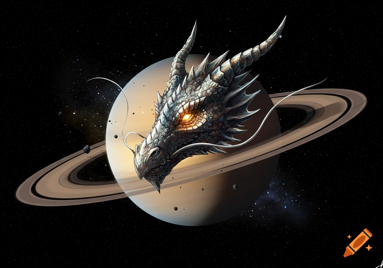 Detailed silver dragon head with glowing eyes floating in front of Saturn and its rings, set in a starry outer space.
