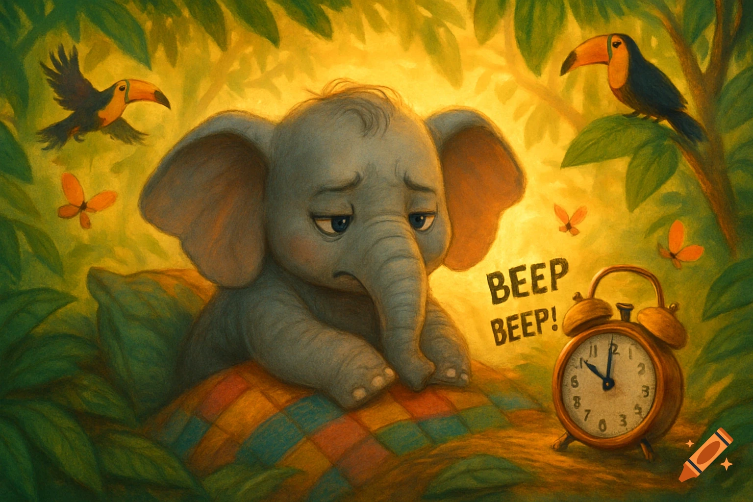 A sad baby elephant in a lush jungle with toucans, butterflies, and a ringing alarm clock saying "BEEP BEEP!", in an illustration style.