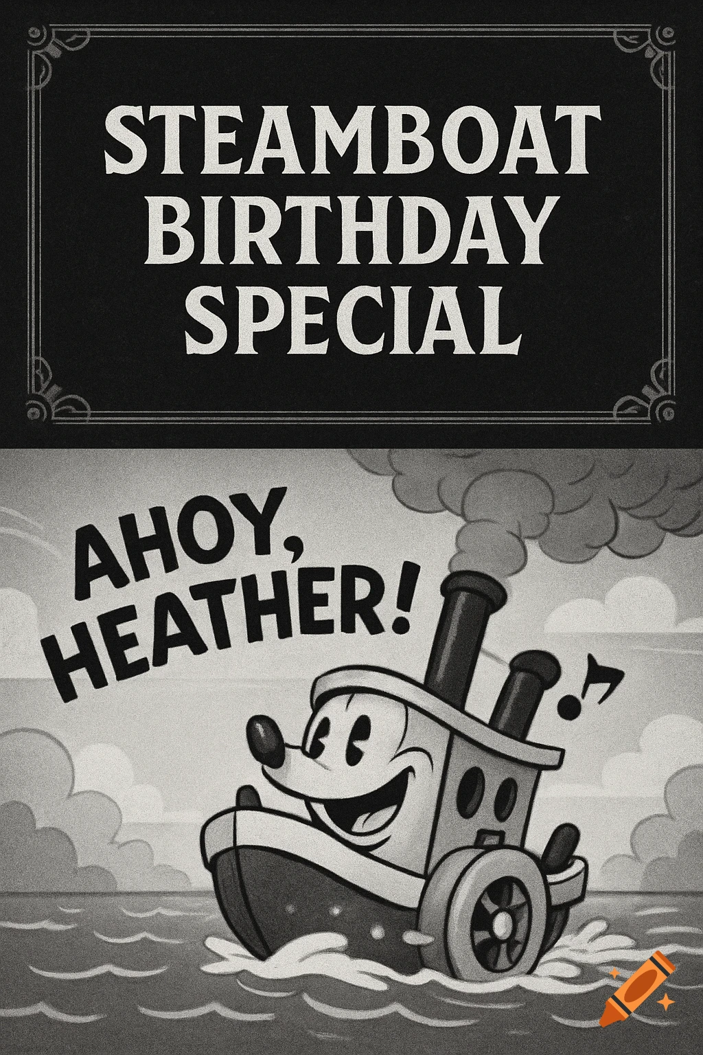 Black and white vintage cartoon with a Steamboat Willie-style character on a boat, text 'STEAMBOAT BIRTHDAY SPECIAL' and 'AHOY, HEATHER!'.