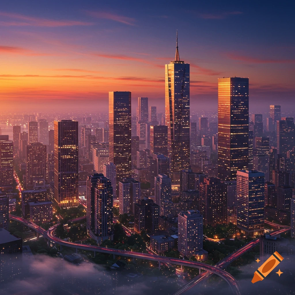 Photorealistic city skyline at sunset with illuminated skyscrapers and winding highways visible through haze.