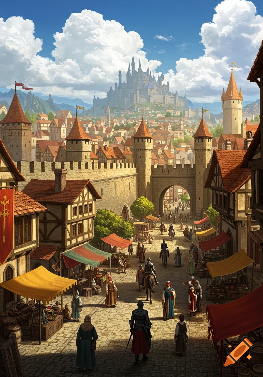 A detailed, vibrant illustration of a bustling medieval city market street with a grand castle on a hill in the background.