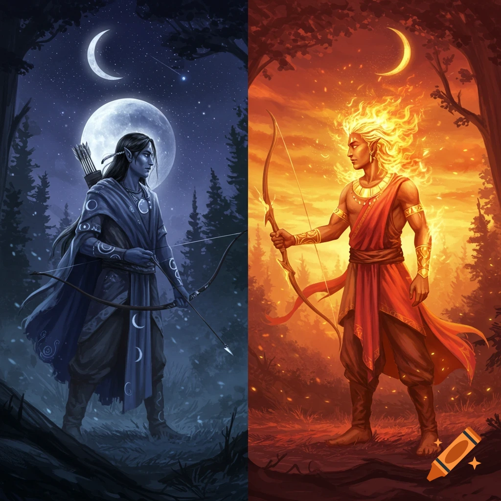 Fantasy illustration of two archers: a blue moon elf in a dark forest and a fiery sun god in a burning forest.