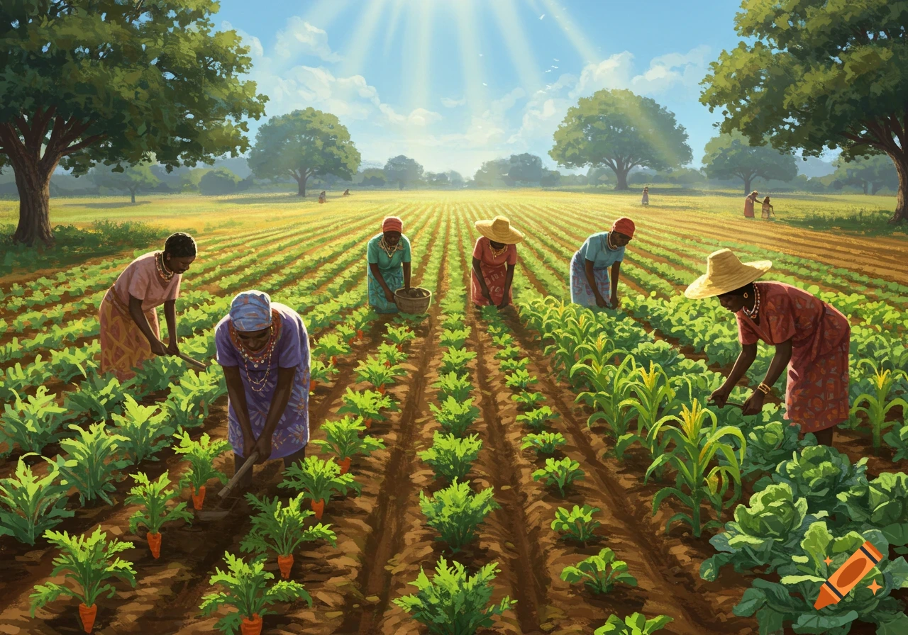 An illustration of several Black farmers working in a sunny field, tending rows of various green crops under large trees.