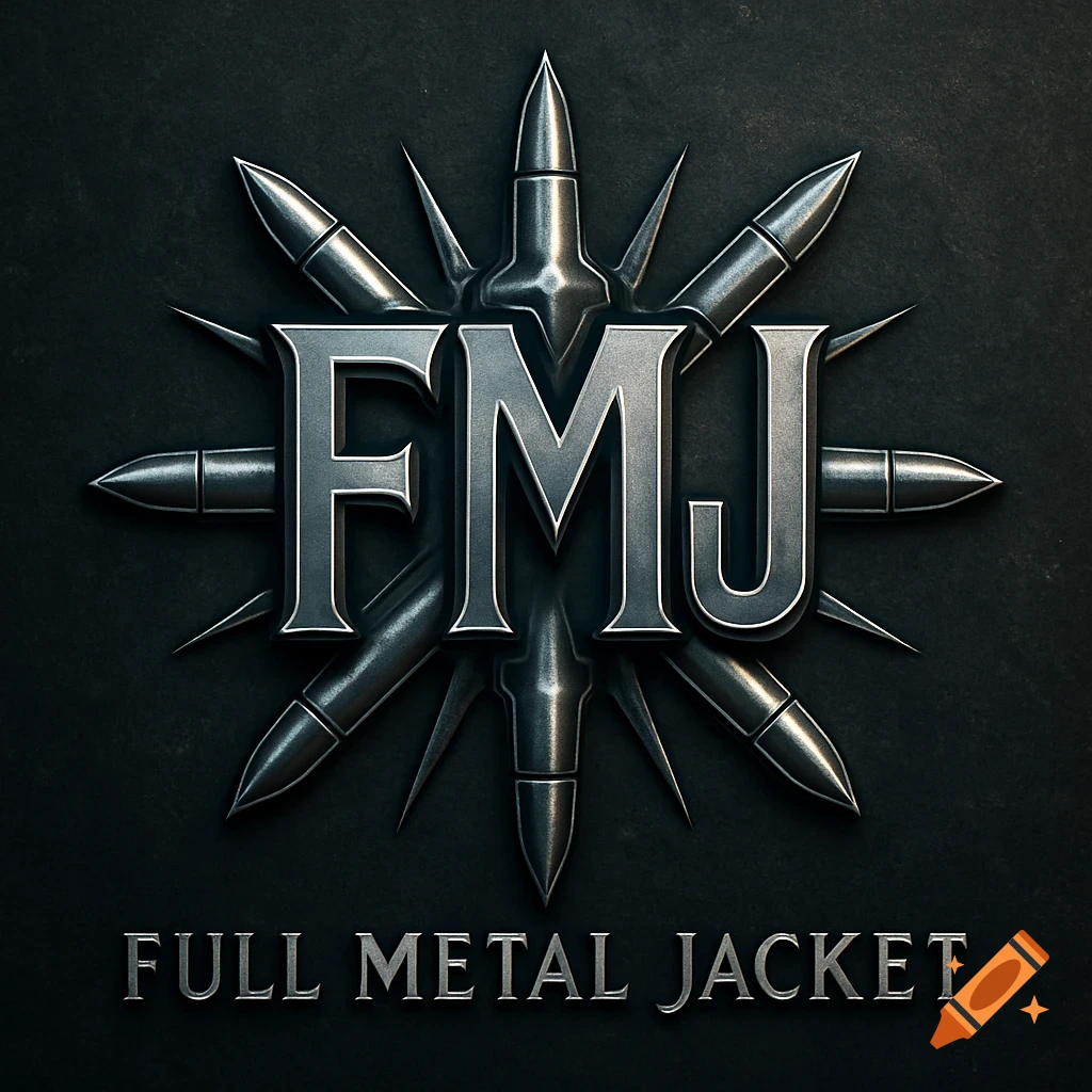 A sleek, metallic 3D logo featuring the letters FMJ and FULL METAL JACKET, surrounded by stylized bullets on a dark background.