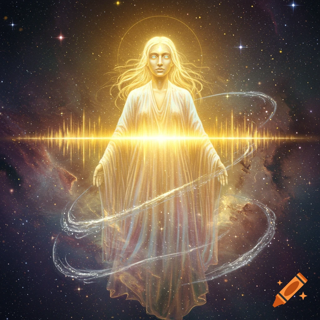 Ethereal glowing woman with outstretched arms, surrounded by swirling light and a horizontal sound wave against a cosmic starry background.