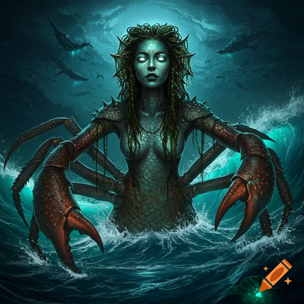 A striking dark fantasy illustration of a crab sea-monster woman rising from dark ocean waves, with glowing eyes and intricate details.