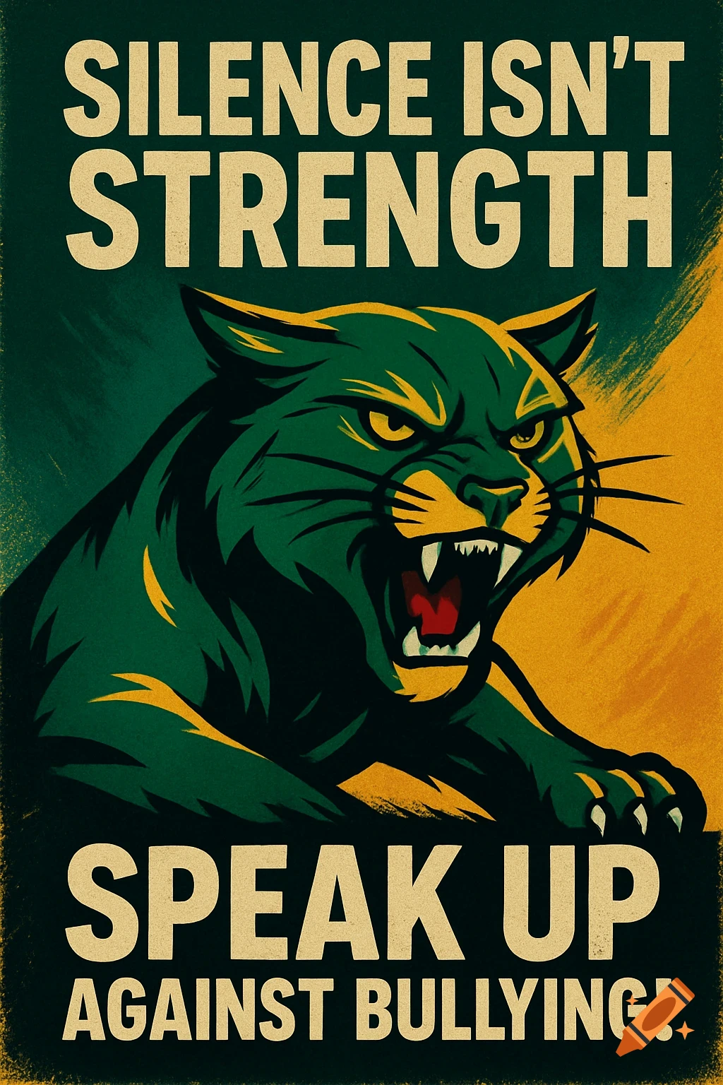 An anti-bullying poster featuring a fierce green and gold wildcat mascot, with the text 'Silence isn't Strength, Speak Up Against Bullying!'.