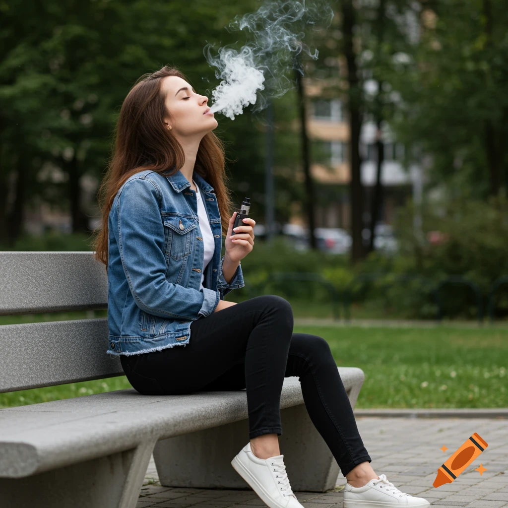 A photorealistic image of a young woman with long brown hair, sitting on a park bench and vaping, exhaling a plume of smoke.