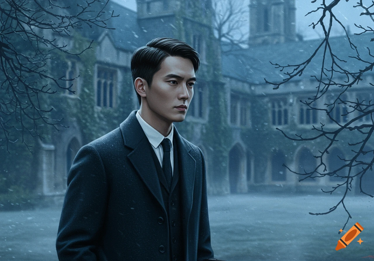 A handsome man in a dark coat stands in front of a gothic university building during a snowy winter day, in a painted art style.