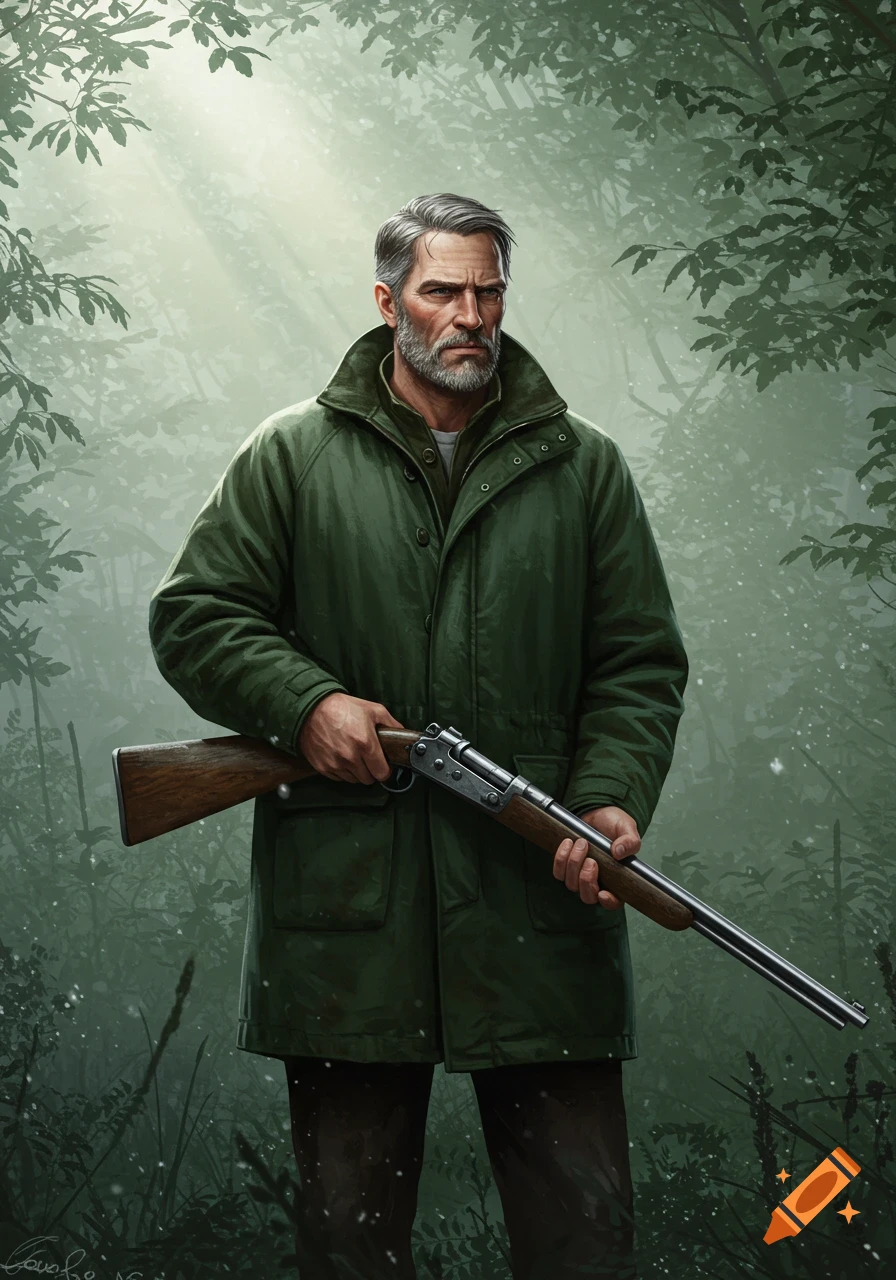 A serious, gray-haired man with a beard, wearing a green jacket, stands in a misty forest, holding a rifle.