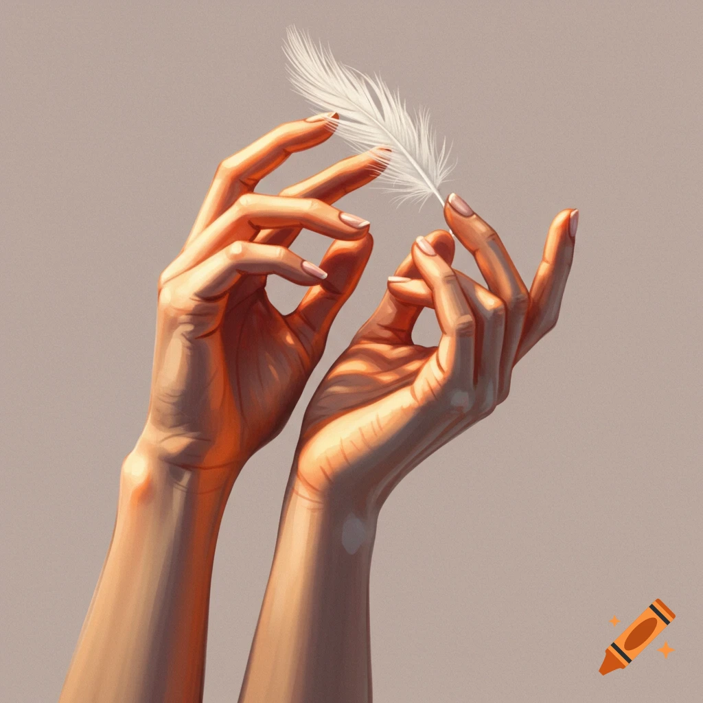 Two hands gently hold a white feather against a muted background, with warm, dramatic lighting.