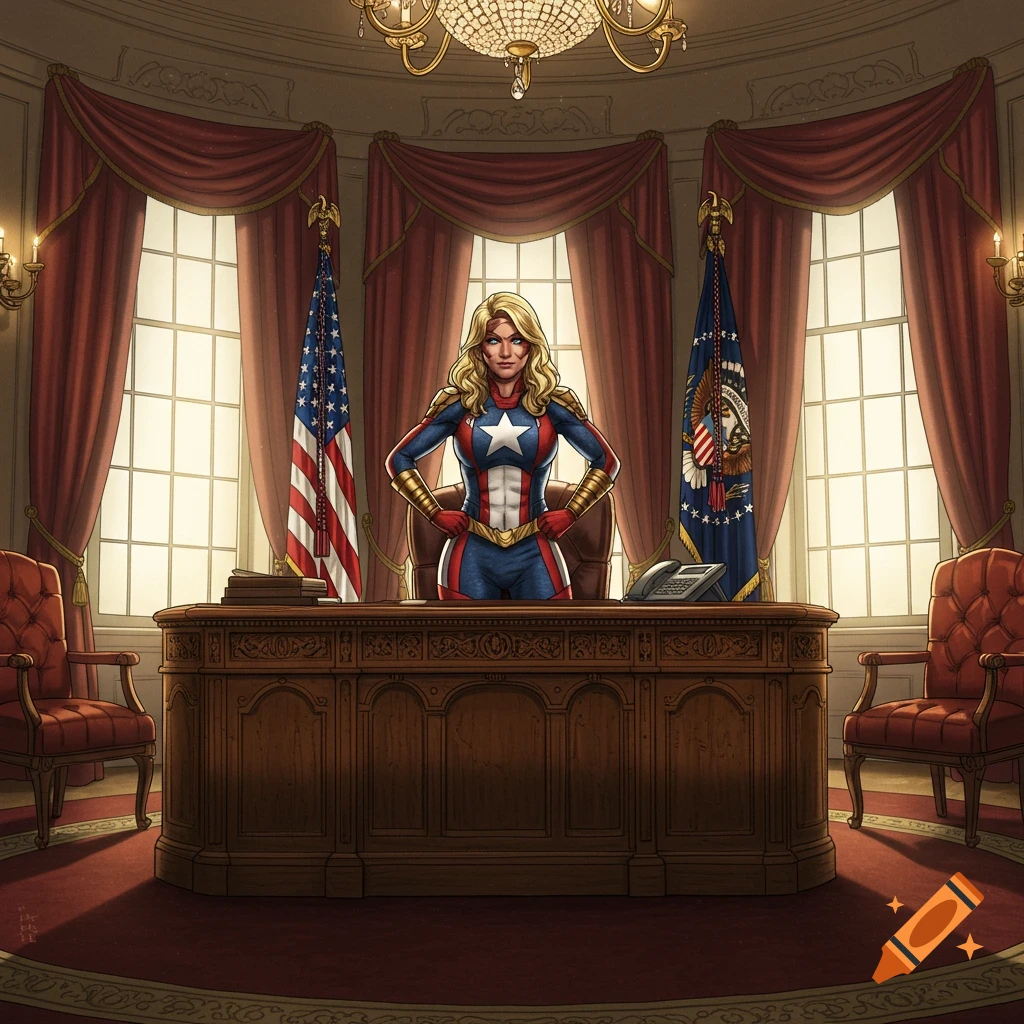 A confident female superhero in a star-spangled suit stands behind a presidential desk in a grand office, comic art style.