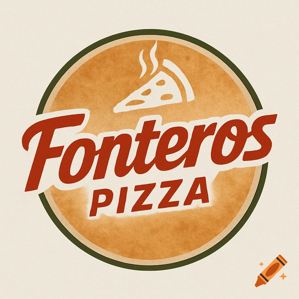 Retro-style circular logo for "Fonteros Pizza" with a slice of pizza and steam above the text.