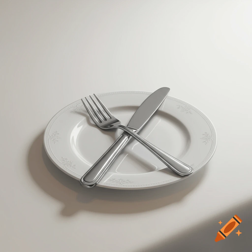 A silver fork and knife crossed on a white plate with an ornate rim, casting shadows on a light surface.