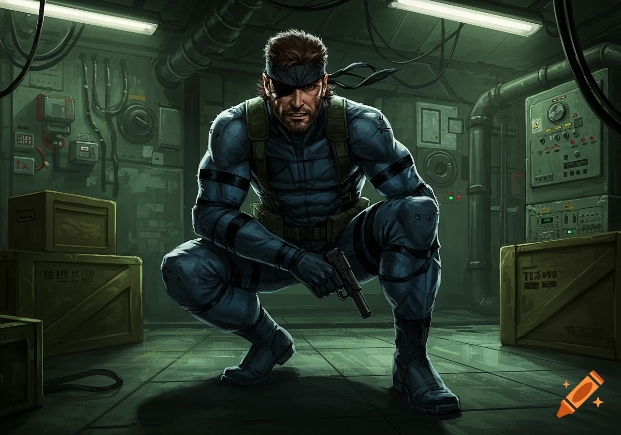 Solid Snake in a blue stealth suit, eyepatch, and bandana, crouches in a dark, grimy industrial room, holding a pistol. Digital painting style.
