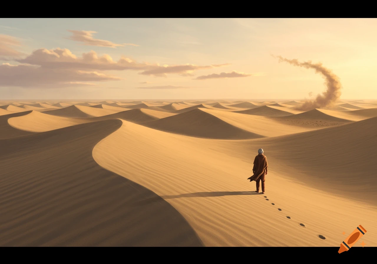 A solitary figure walks along a winding sand dune path in a vast desert landscape under a warm, cloudy sky.