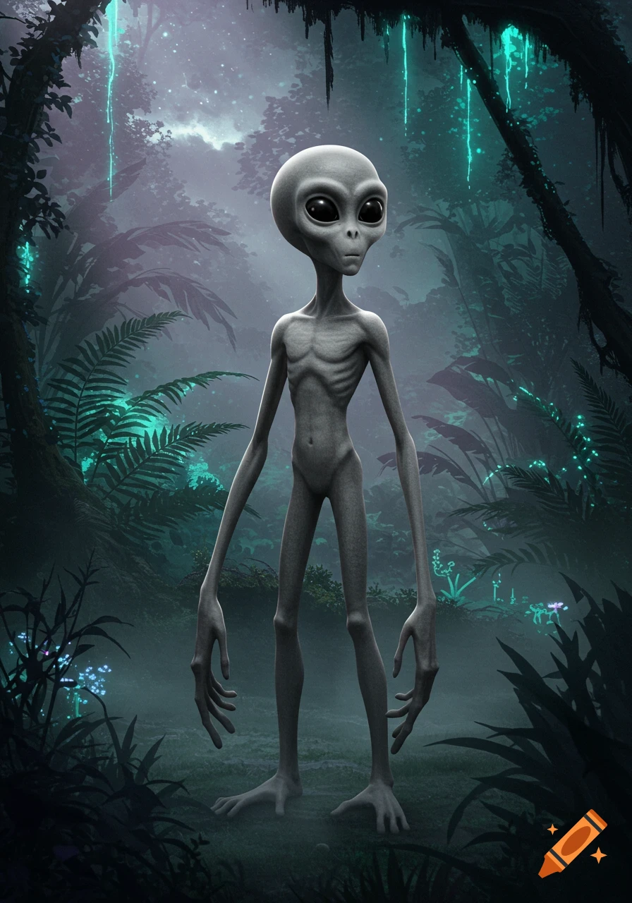 A tall, grey alien with large dark eyes stands in a lush, bioluminescent jungle at night, with glowing plants and vines.