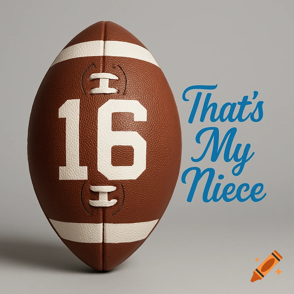 A brown leather football with the white number '16'. Blue script text 'That's My Niece' is to the right.