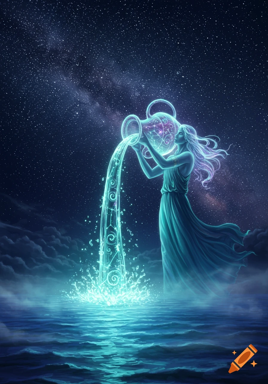 Ethereal woman, Aquarius, pours glowing water from a jug into a dark ocean under a starry night sky.