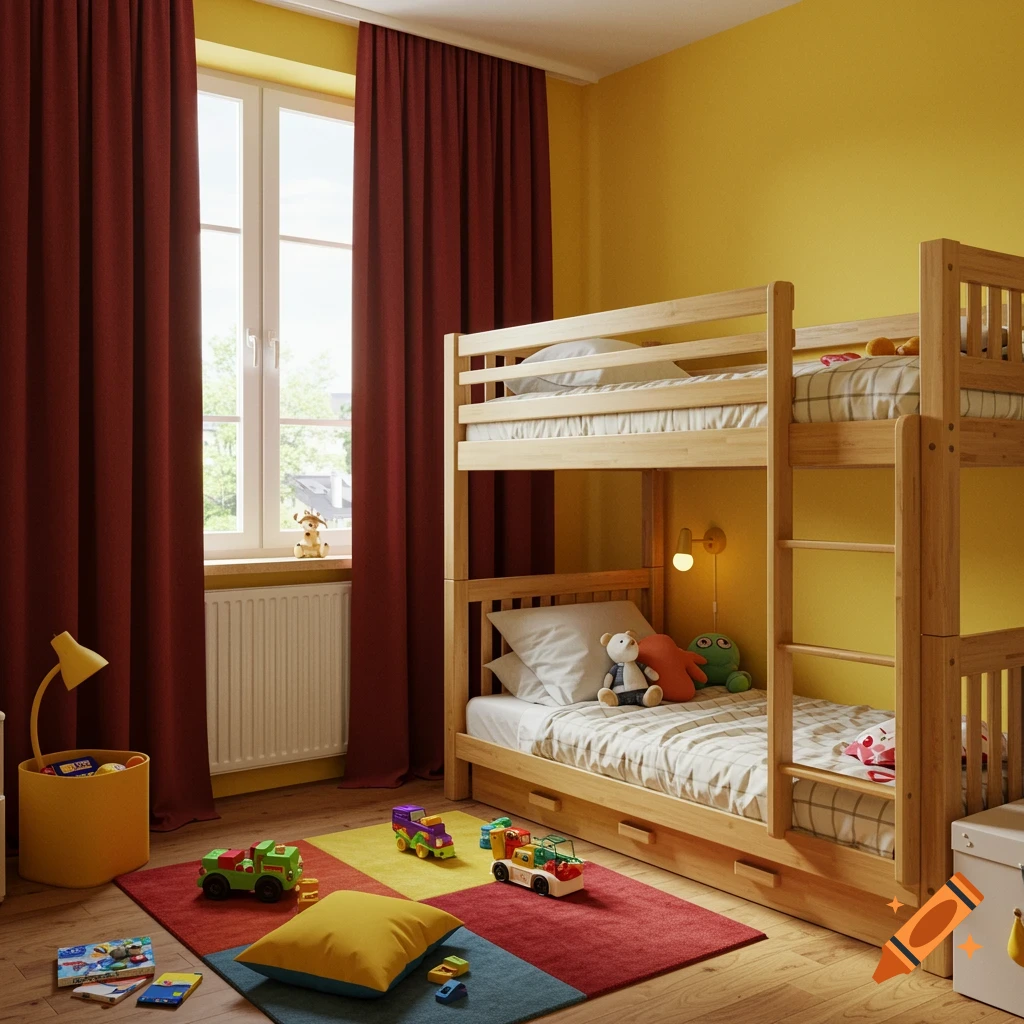 Photorealistic kids' bedroom with yellow walls, red curtains, a wooden bunk bed, and colorful toys on a geometric rug.
