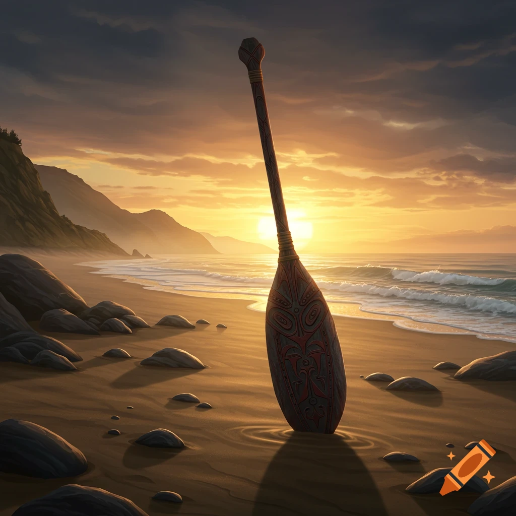 A decorated war paddle stands upright in the sand at sunset on a scenic beach with mountains in the background.