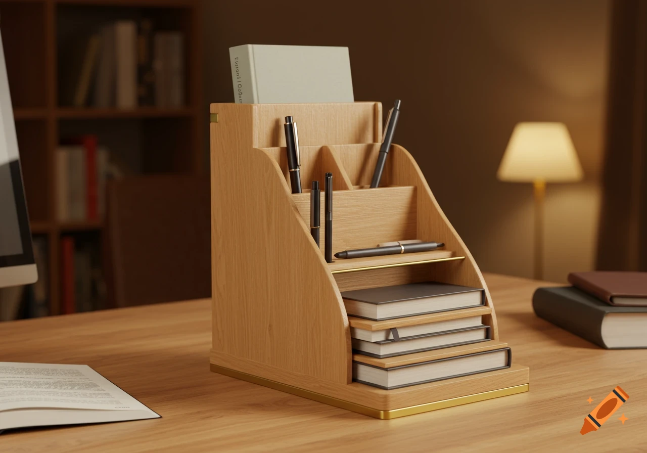 A modern wooden desk organizer holds pens and books on a light wood desk in a warm-lit office setting.