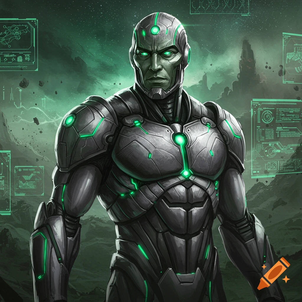 A powerful Brainiac-Ultron-inspired robot in gray armor with glowing green accents stands on an alien planet with green holographic screens.