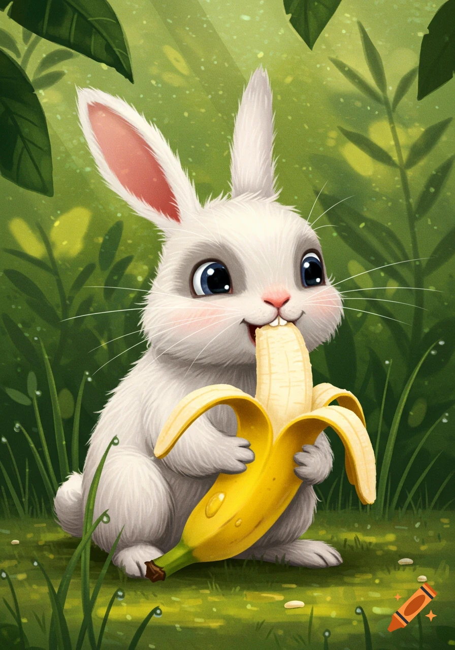 A cute, fluffy white cartoon rabbit with big blue eyes happily eats a peeled banana in a lush green forest.