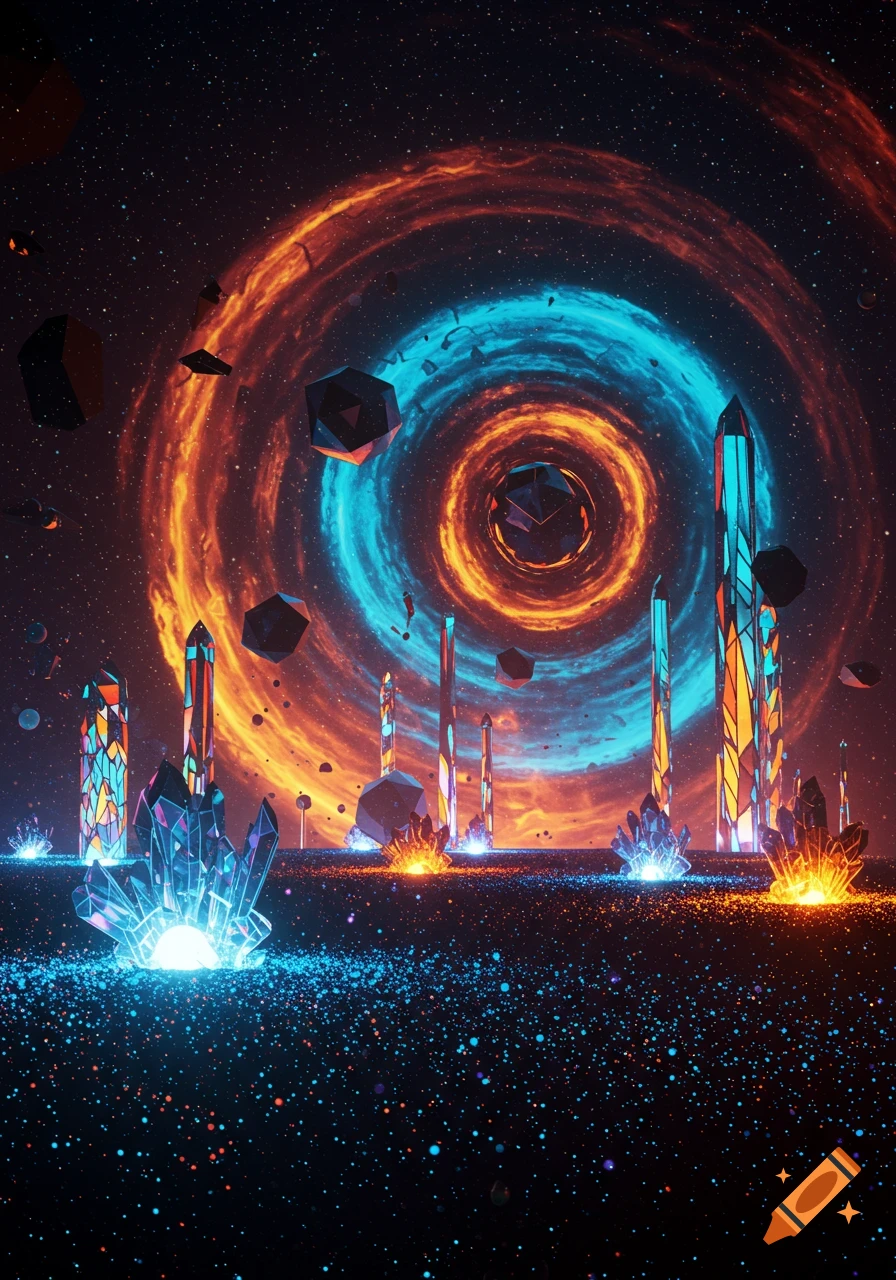 A vibrant sci-fi landscape with glowing blue and orange crystals, geometric floating objects, and a swirling nebula in the background.