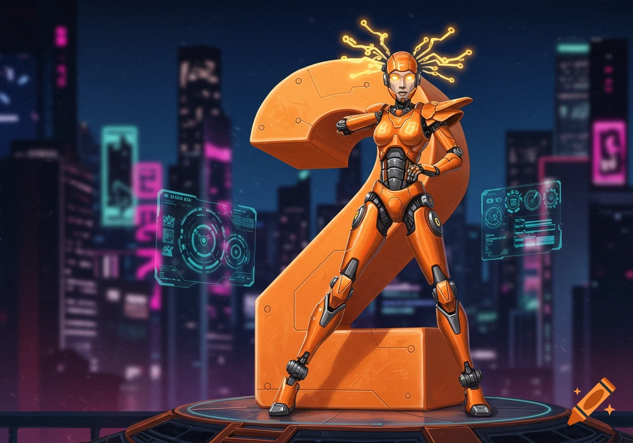 An orange and gray female robot stands in front of a giant orange number 2, against a backdrop of a futuristic city at night with neon lights.