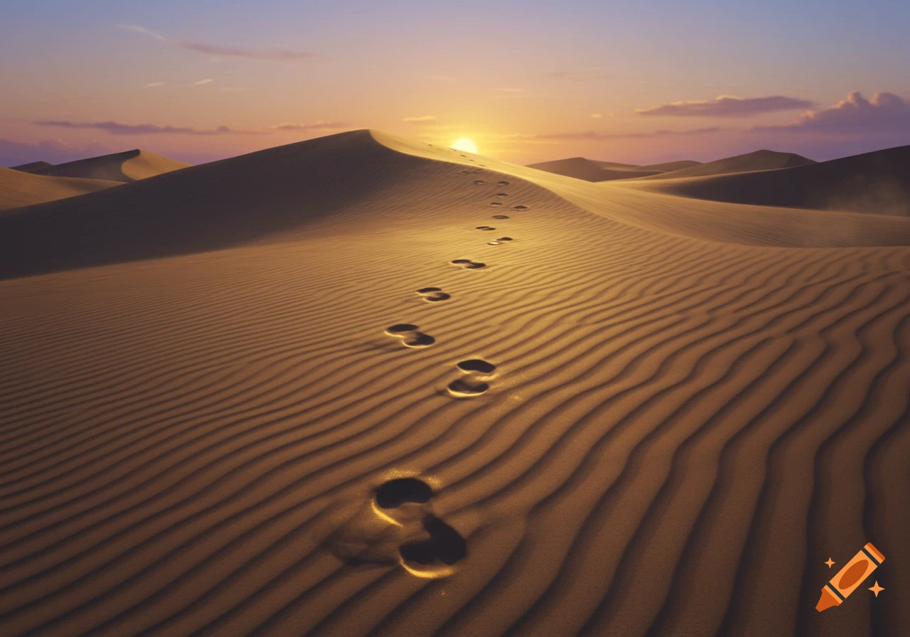 Photorealistic desert landscape at sunset with a trail of footprints in the sand.