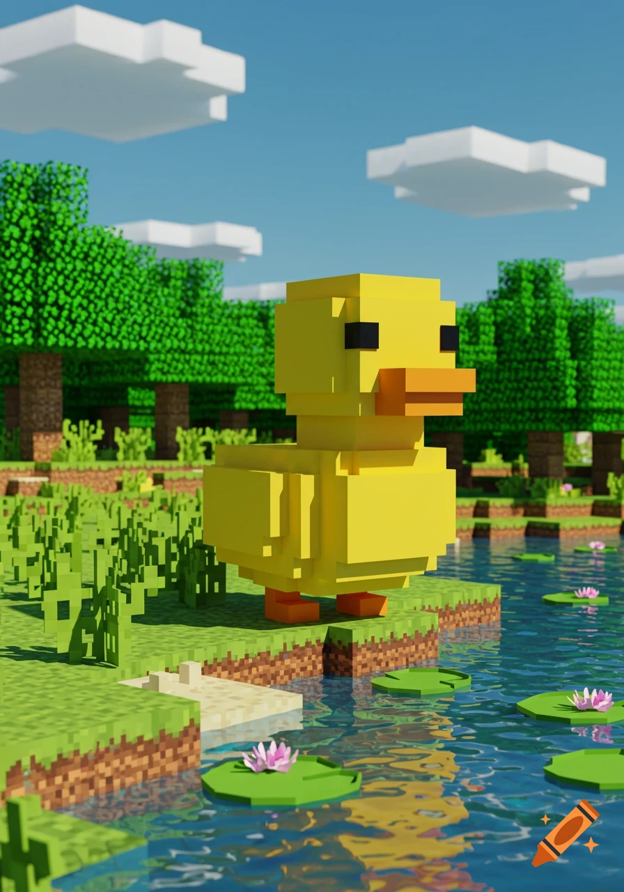 A blocky yellow duck stands by a pond with lily pads in a Minecraft-style landscape under a blue sky.