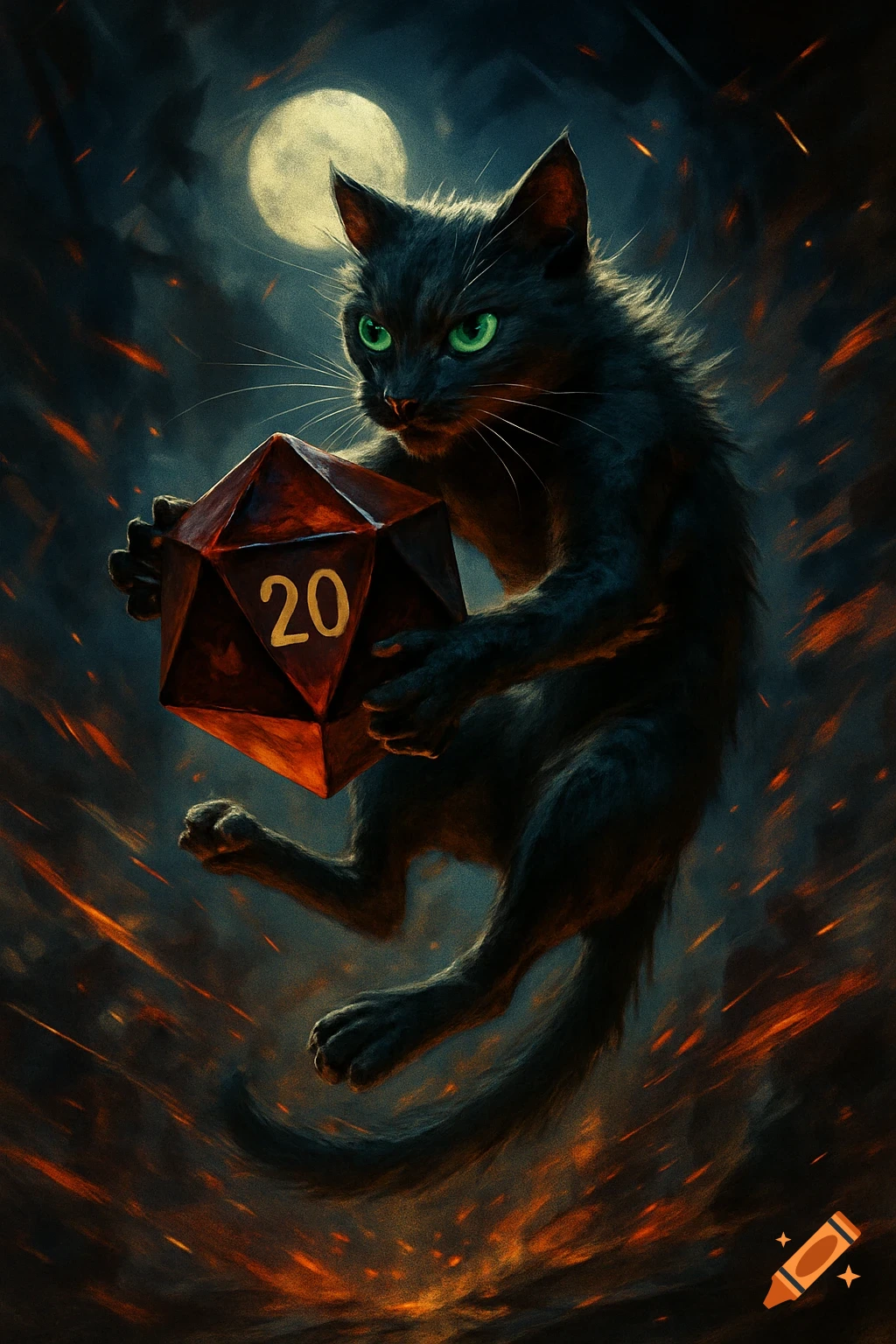 A black cat with glowing green eyes holds a red D20 dice marked '20' under a full moon with flying orange embers.