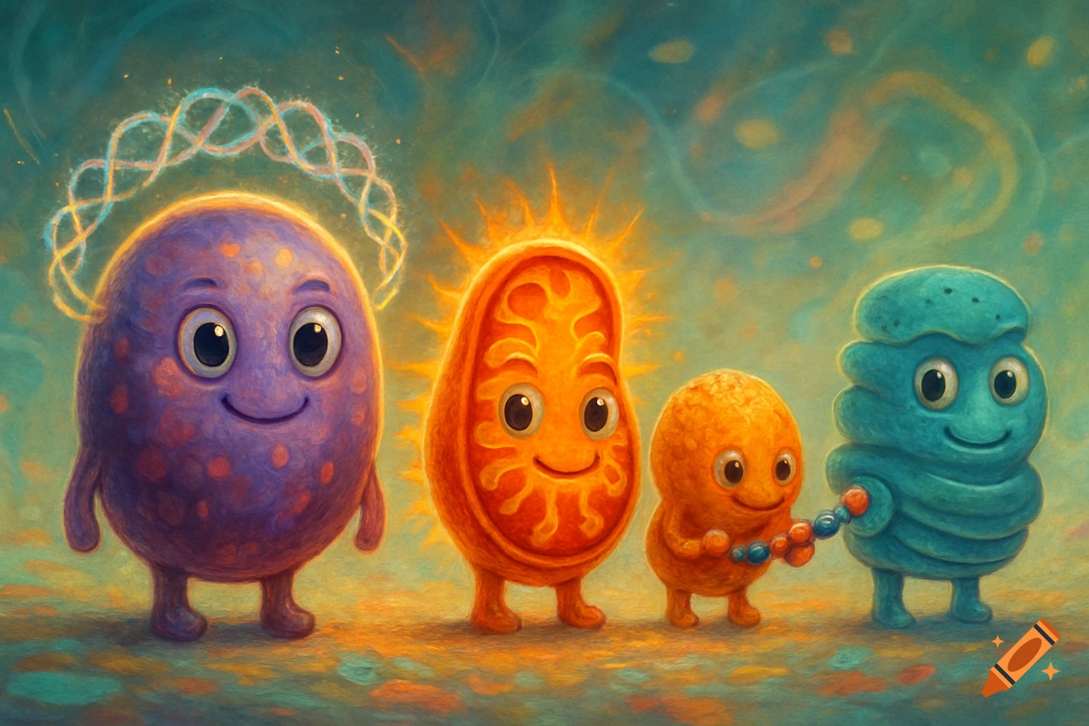 Whimsical illustration of purple, orange, and blue cartoon cell parts with smiling faces standing in a line.