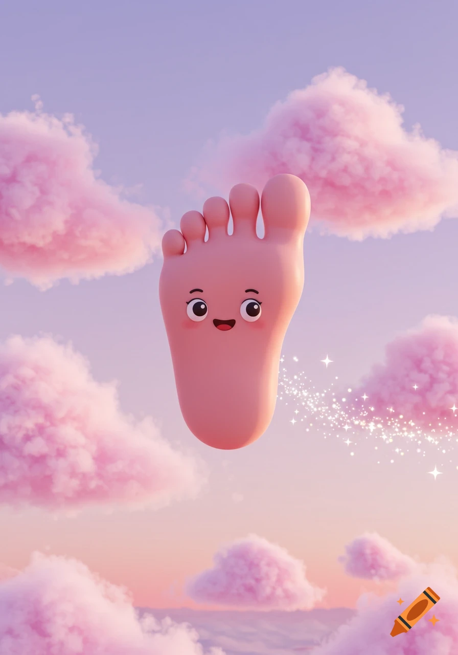 A cute, pink, smiling cartoon foot with big eyes floats in a pastel purple and pink sky, surrounded by fluffy pink clouds and sparkling magic.