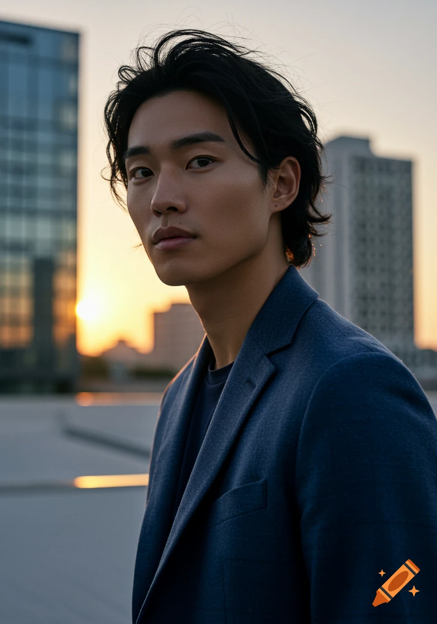A stylish Asian man with dark hair in a blue blazer stands on a rooftop against a sunset city skyline, looking directly at the viewer.