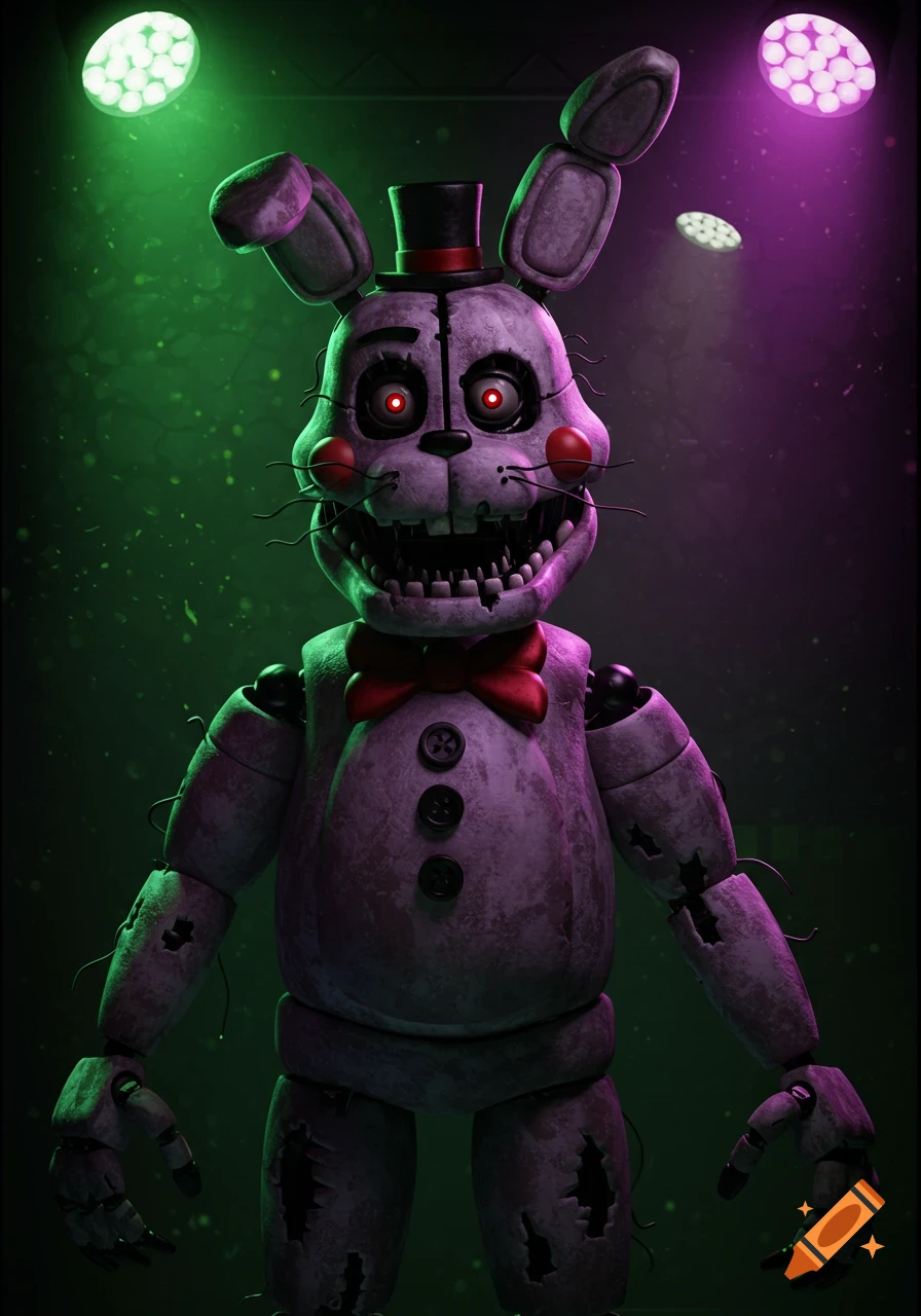 A scary, broken-down white rabbit animatronic with red glowing eyes, sharp teeth, and a top hat, in green and purple spotlights.