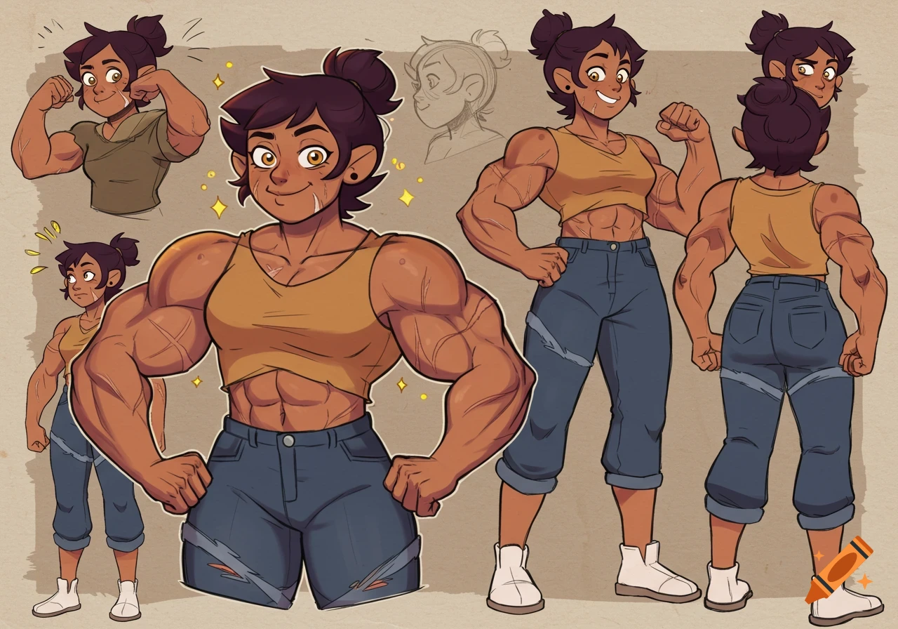 Cartoon model sheet of a muscular woman with scars, from Disney's The Owl House, shown flexing and in various full-body and headshot poses.