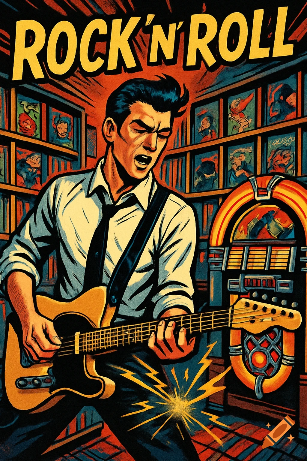 Pop art comic illustration of a man playing electric guitar, singing 'ROCK 'N' ROLL' next to a jukebox.