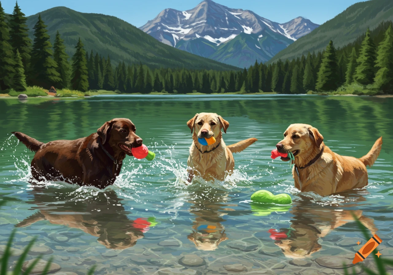 Three Labrador retrievers swim and play with colorful toys in a clear lake, with mountains and pine trees in the background.