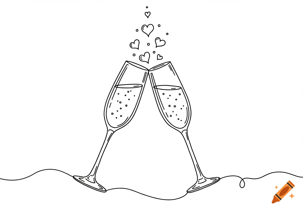 A black and white line drawing of two champagne flutes clinking together with hearts floating up like bubbles.