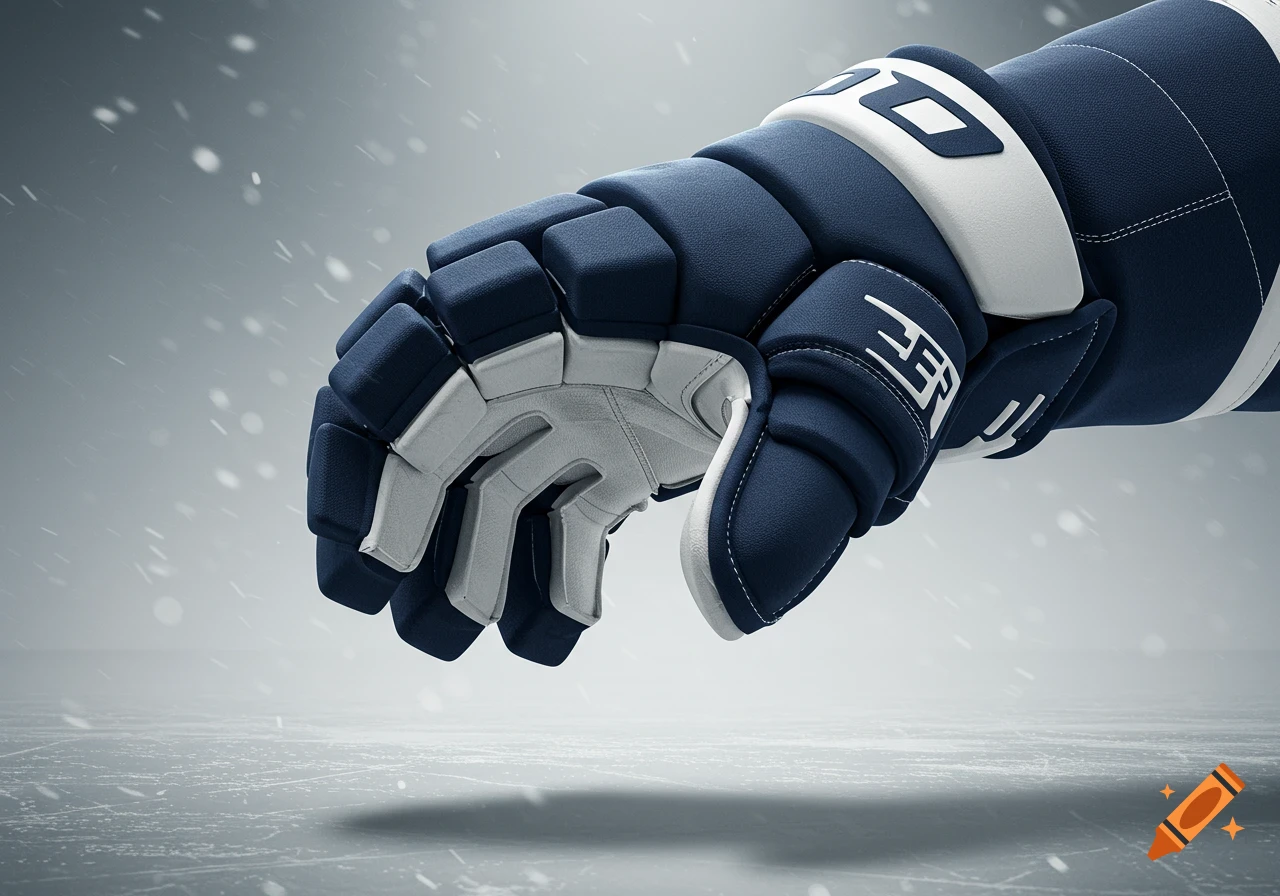 A close-up, photorealistic view of a navy blue and white hockey glove with ice skates marks and snowflakes in the background.