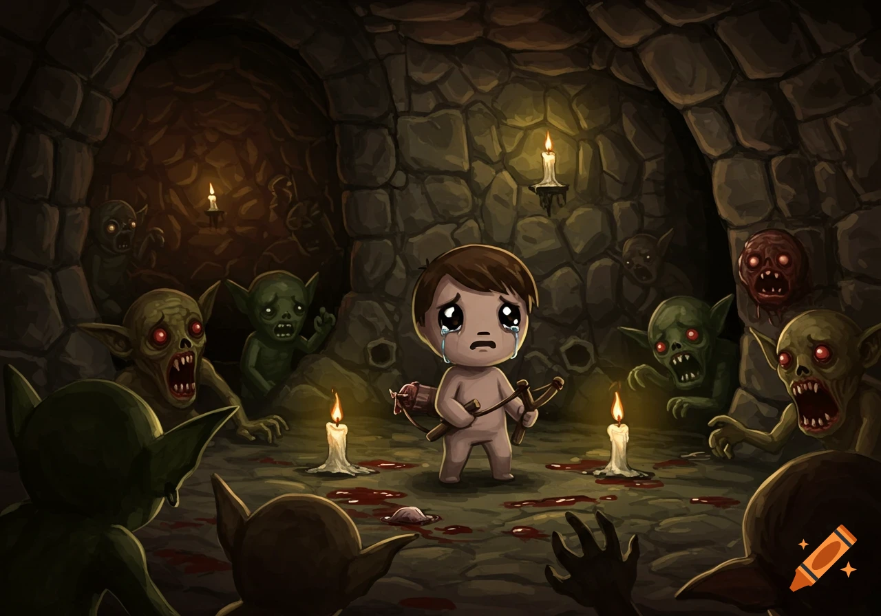 A crying child with a slingshot stands in a dark cave surrounded by menacing goblin-like creatures, candles, and blood on the stone floor, in a cartoonish style.